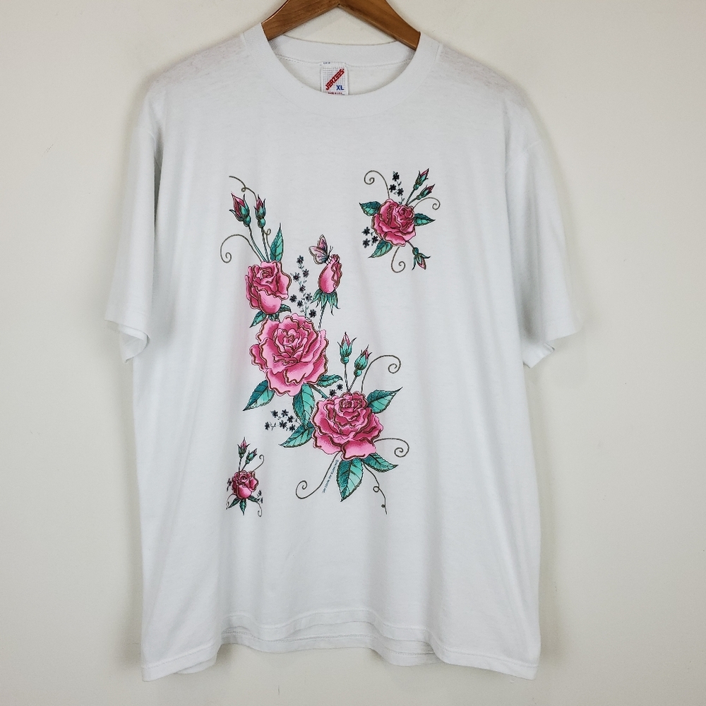 Vintage Jerzees Glitter Rose Print Graphic T-shirt